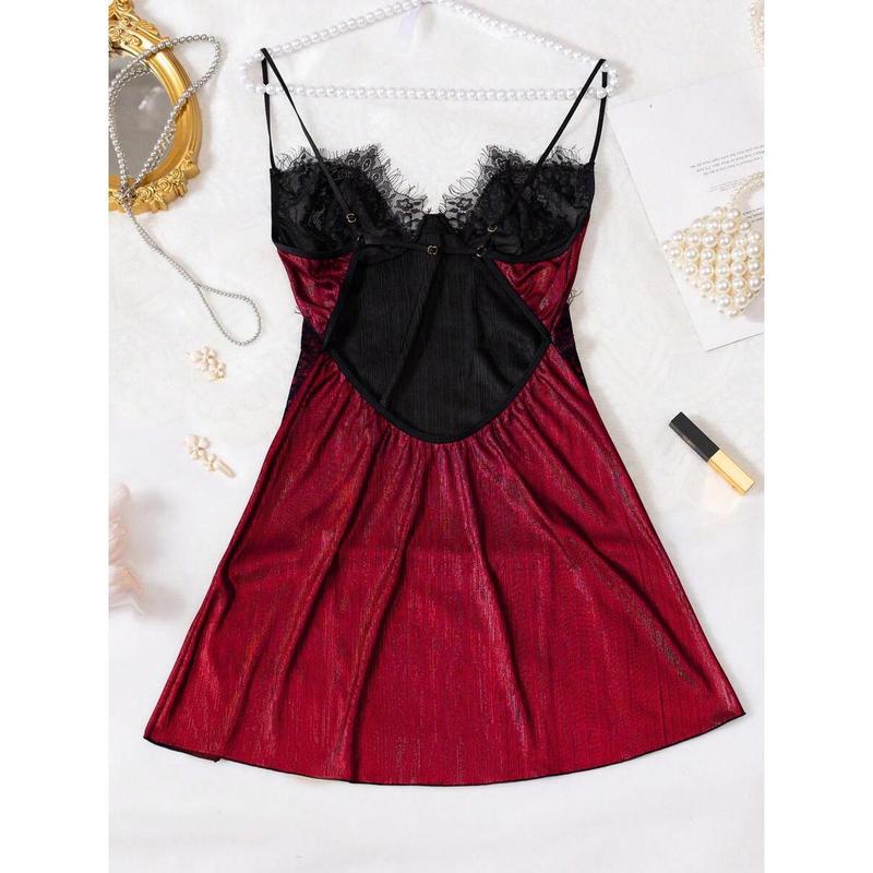 Gold Foil Lace Patchwork Slit Sexy Camisole Nightgown For Rave Fabric Loungewear