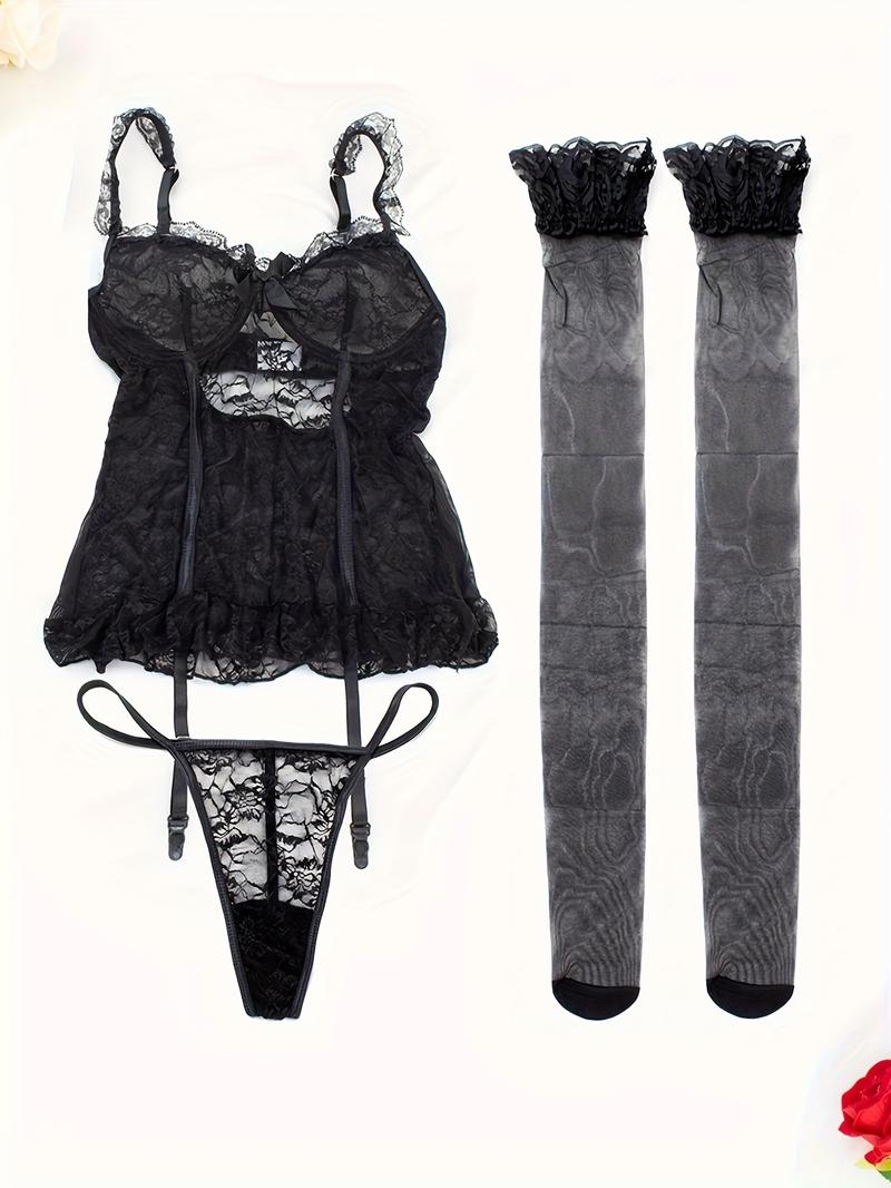 High-end lace underwear set for women: sexy pajamas, nightgown, hollowed-out + sexy thong + stockings = 3-piece set (with underwire) Lingerie Womenswear Elegance Elegant