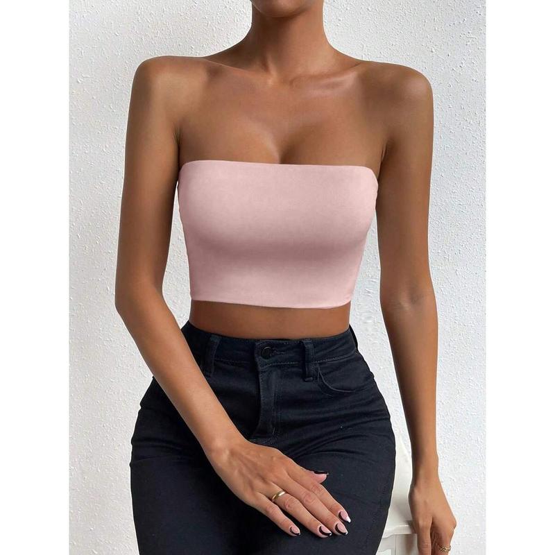SolidTube Crop Top Fashion Fit Sleeve Womenswear Fabric Polyester Sheer Basic Minimalist