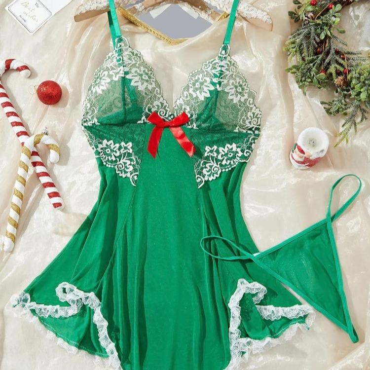 Ugreat Women's Contrast Lace Bow Decor Cami Nightdress with Thong, Comfort Night Gown for Women, Spaghetti Strap Backless, Elegant & Silky Design Green Glam Womenswear Loungewear Fitted Sleeveless Nightwear  night gown women Homewear Minimalist