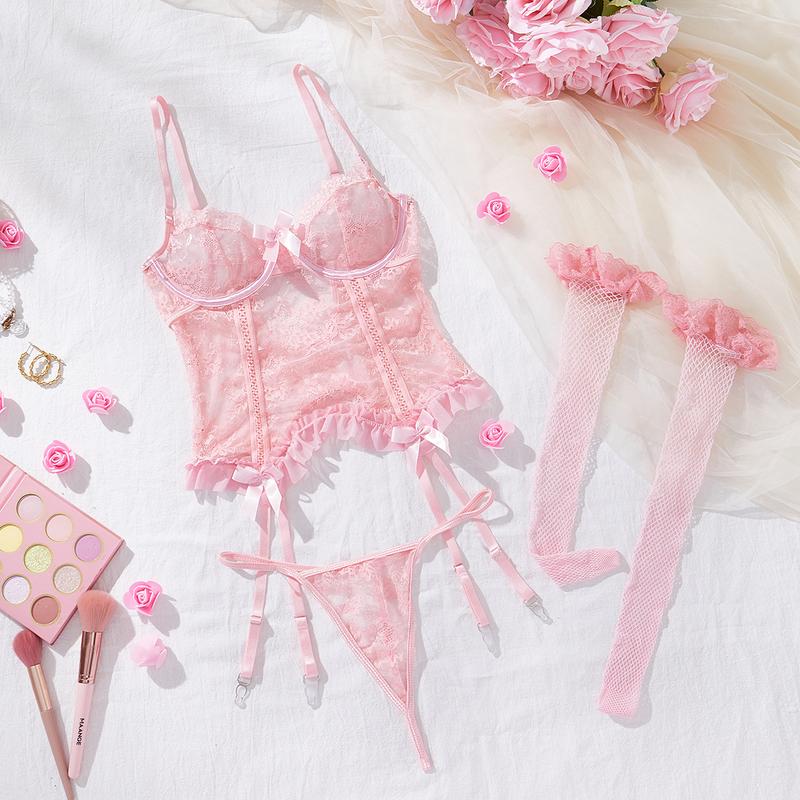 Floral Lace Mesh Lingerie Set Teddy Babydoll Bodysuit with Garter Belts Panty