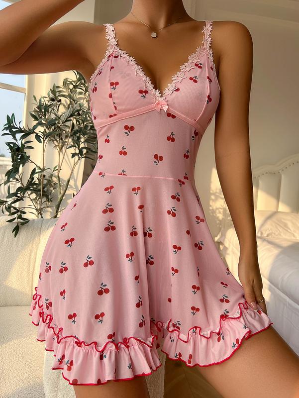 Cute Cherry Print Lace Trim Ruffle Hem Sleeveless Nightgown Chemise Comfy Nightwear