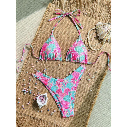 Swim Summer 2 Pieces Outfits For Women - Spaghetti Strap Random Print Top And High Cut Swim Bottoms, Beach Holiday Bikini Set