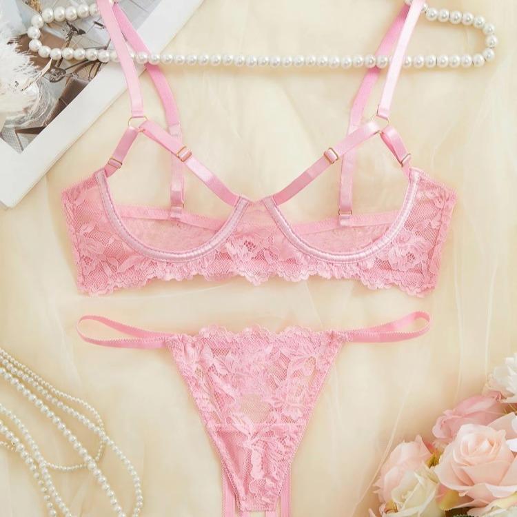 Ugreat Women's Floral Lace Sexy Lingerie Set, Sexy Cut Out Underwire Bra & Open Crotch Design Thong Two-Piece Set, Lingerie Set for Women, 2000s Wear Pink Straps