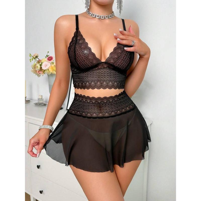 2pcs/Set Sexy Women's Lace & Mesh Wireless Lingerie Dress Fabric Polyester Womenswear Bra