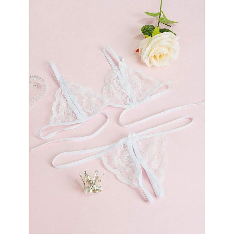 3 Pieceslingerie Set Solid Color V-Neck Lace Floral Fashion Design Lingerie Set, Bra And Open Lingerie, Couple Date, Halloween, Christmas, Valentine's Day, Girlfriend Gift, Free Temptation Set White Black Womenswear Red Fabric Casual Basic Minimalist