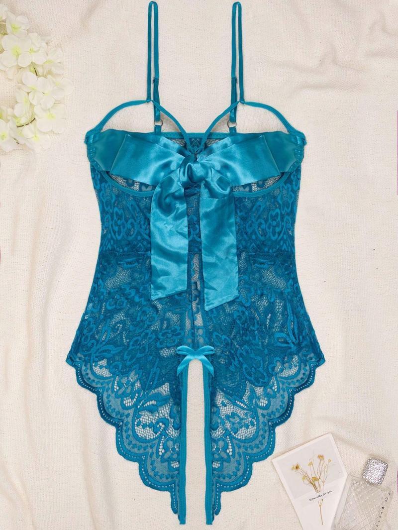 Women's Green Lace Sheer Open Crotch Bodysuit Lingerie for Sexy Wear Polyester Basic