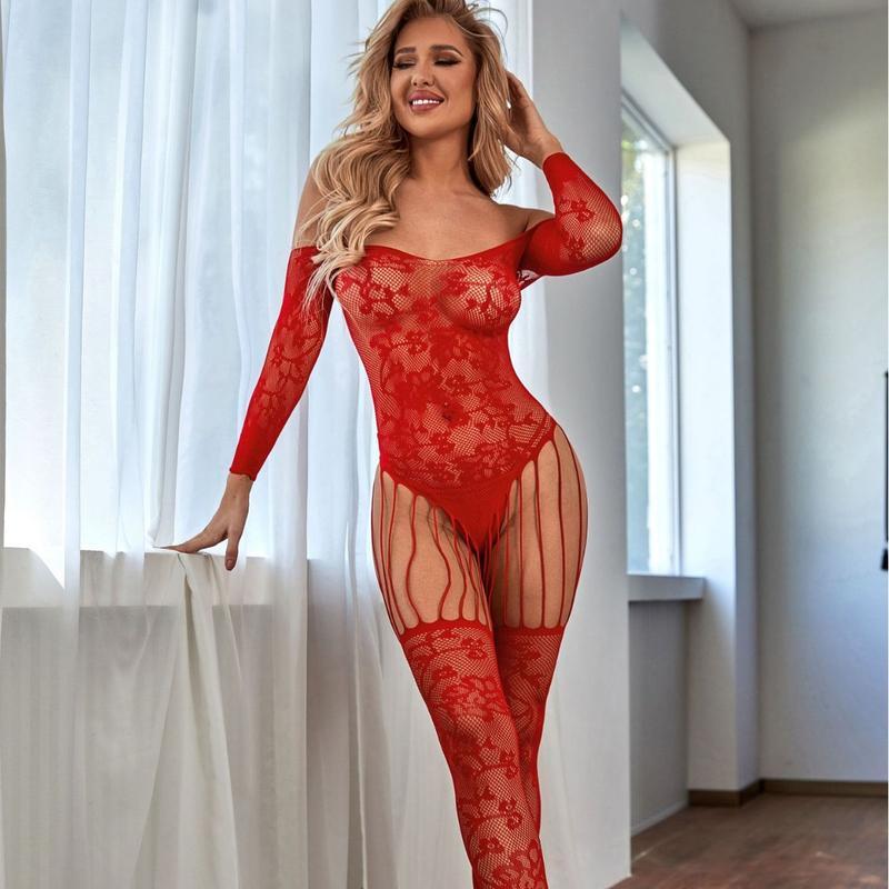 Red Jacquard Sexy Lingerie Tight Sexy off-Shoulder Jumpsuit Open-End Free off Fishnet Clothes Women Party Lace Long Sleeve Womenswear Basic Minimalist