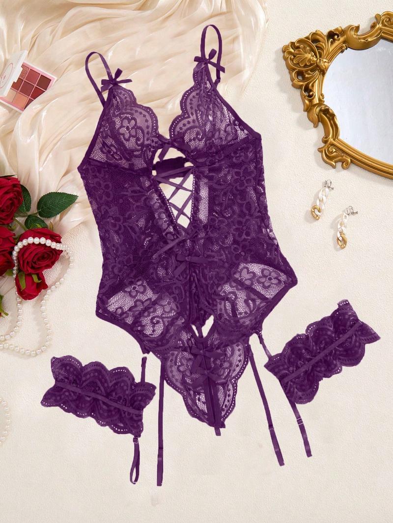 Summer Sexy Women's Lingerie Set, Classic Red Lace Jumpsuit With Anklet, Teddy Bear Doll Intimate Apparel, Sensual Outfit Womenswear Bra Party Piece Sheer Nightwear Sleeve