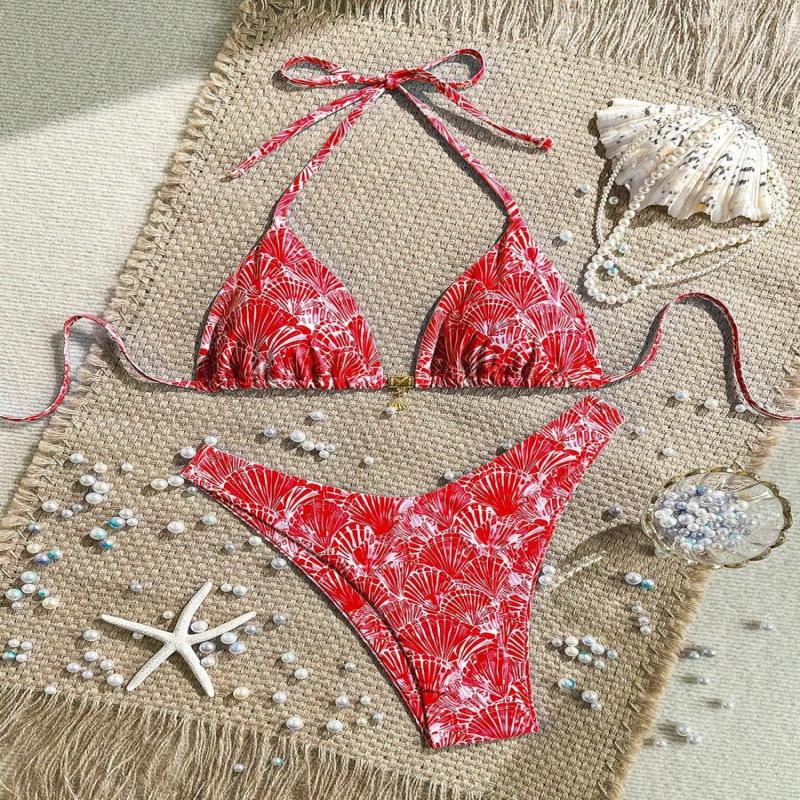 Swim Summer 2 Pieces Outfits For Women - Spaghetti Strap Random Print Top And High Cut Swim Bottoms, Beach Holiday Bikini Set