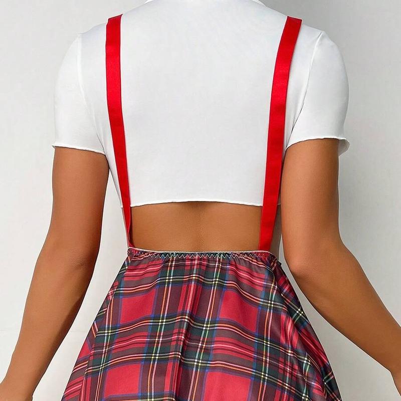 Ugreat Women's Sexy School Girl Costume Set - Adjustable Crop Top Skirt & Thong with Bow Decor for Cosplay