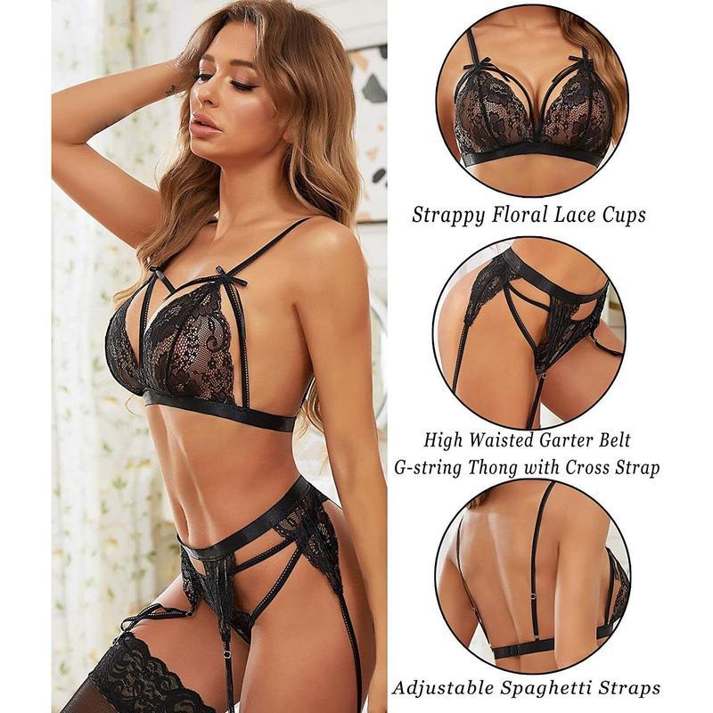 Women's Sexy Lingerie Lace Babydoll Bra and Thong Set Sleepwear Underwear with Garter Belts Nightwear