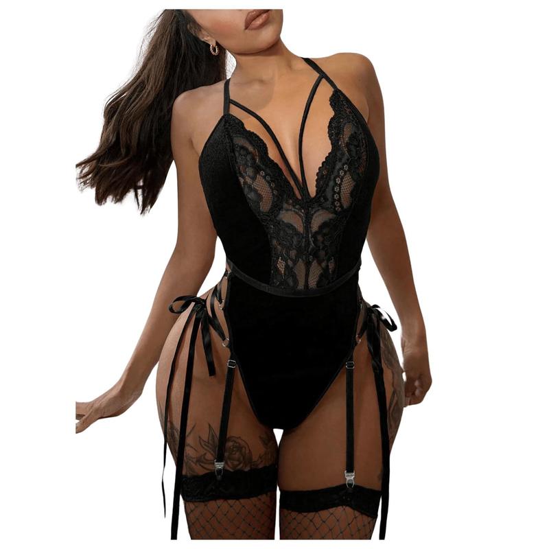 3 Piece Lingerie Set Lace Harness Teddy Bodysuit Hollow Out Crisscross Garter Babydolls with Stockings