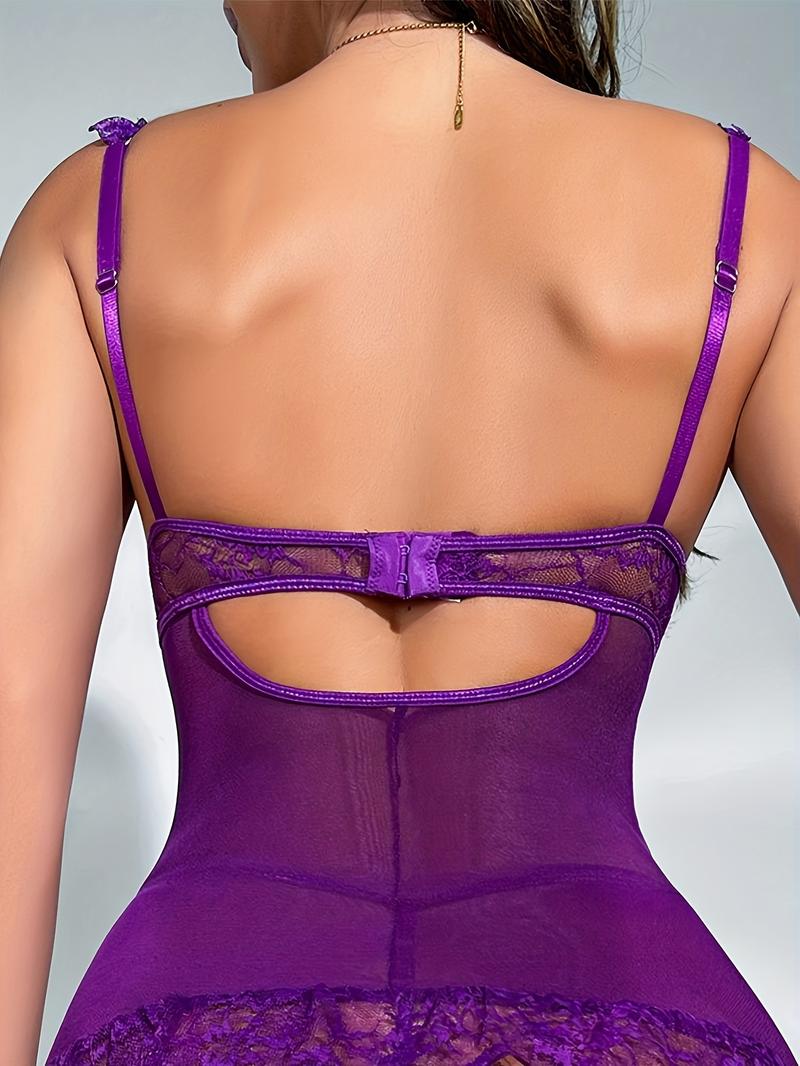 High-end lace underwear set for women: sexy pajamas, nightgown, hollowed-out + sexy thong + stockings = 3-piece set (with underwire) Lingerie Womenswear Elegance Elegant