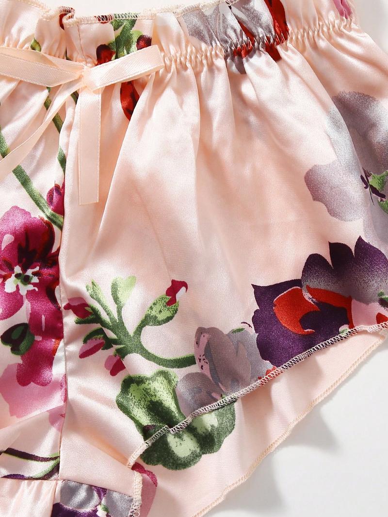 Women's Green Floral Lace Cami & Satin Shorts Pajama Set |   2-Piece Sleepwear Loungewear |   Soft Comfort Fabric |   Gift Included |   Home Wear Womenswear Backless Romantic Party