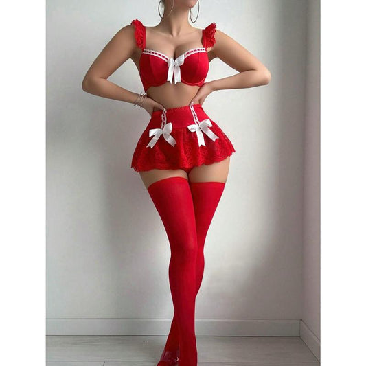 Valentine's 5-Piece Set: Lace Splice Underwire Bra Top + G-String + Ruffle Waist Skirt + 2 Pairs of Socks for Womenswear - Matching Red Lingerie Pants Clothes Curvy Costume Garters Sexy Day Panty Comfort Fabric Gamis Strap Strappy