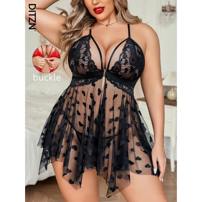 Plus Size Women's One-Piece See-Through Erotic Sexy Lingerie Front Button Dress Split Lace Dress Summer Breathable Pajamas (Free Thong) For Rave