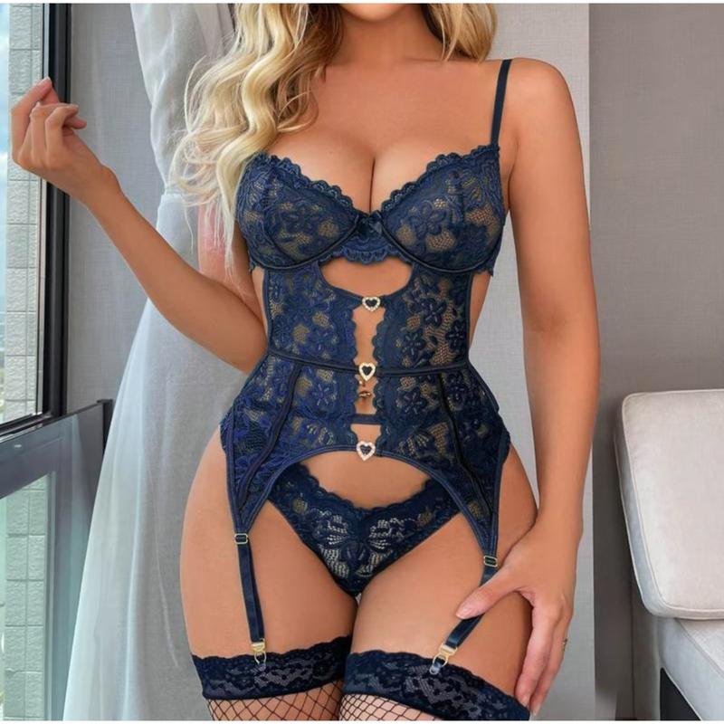 Classic 4 Pack Floral Lace Hollow Rhinestone Detail Underwire Bra, Comfortable Support - Stockings Women Classic Sexy Mesh Garter Corset Sexy Bodysuit Thong Nightdress Cloth Lace Sexy Women Lace Lingerie SetEmbroidered Heart Overall Piece