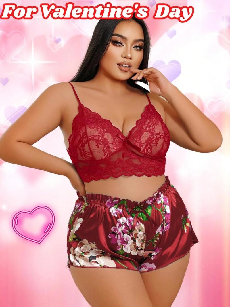 Plus Size Women's 2-Piece Lingerie Set - Floral Lace Cami Top With Satin Shorts Pajama Set |   Party Outfit & Home Wear |   Gift Included Bra Panty