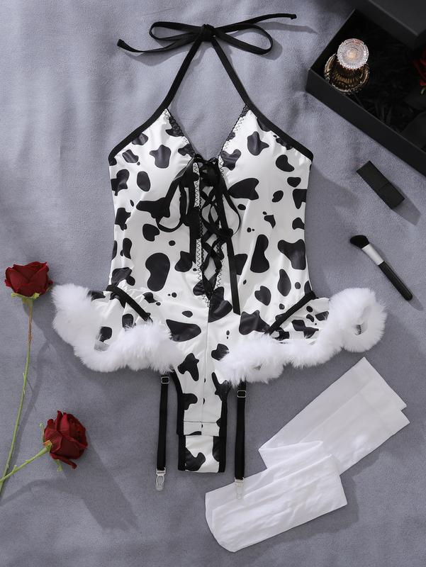 3 Piece Cow Teddy Lingerie Set Cosplay Lace Up Halter Bodysuit with Stockings