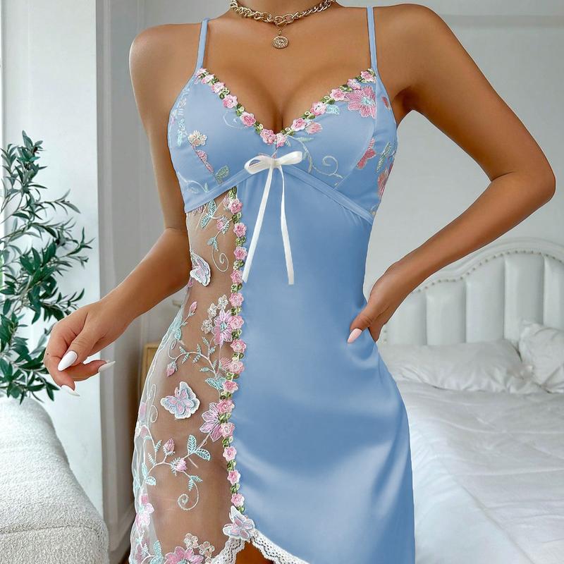 Women's Floral Mesh Embroidery Lace Trim Chemise Wedding Nightwear Satin Slip Dress Babydoll Nightgown,Soft Cut Out Backless Honeymoon  Gift