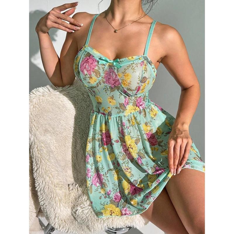 Women's Sexy Floral Print Slip Dress With Bow Decor Bowknot Casual Day