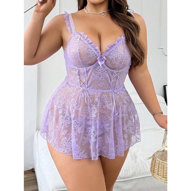 Plus Size Blue 2-Piece Sexy Lace Lingerie Set with Underwire and Thong for Nightwear