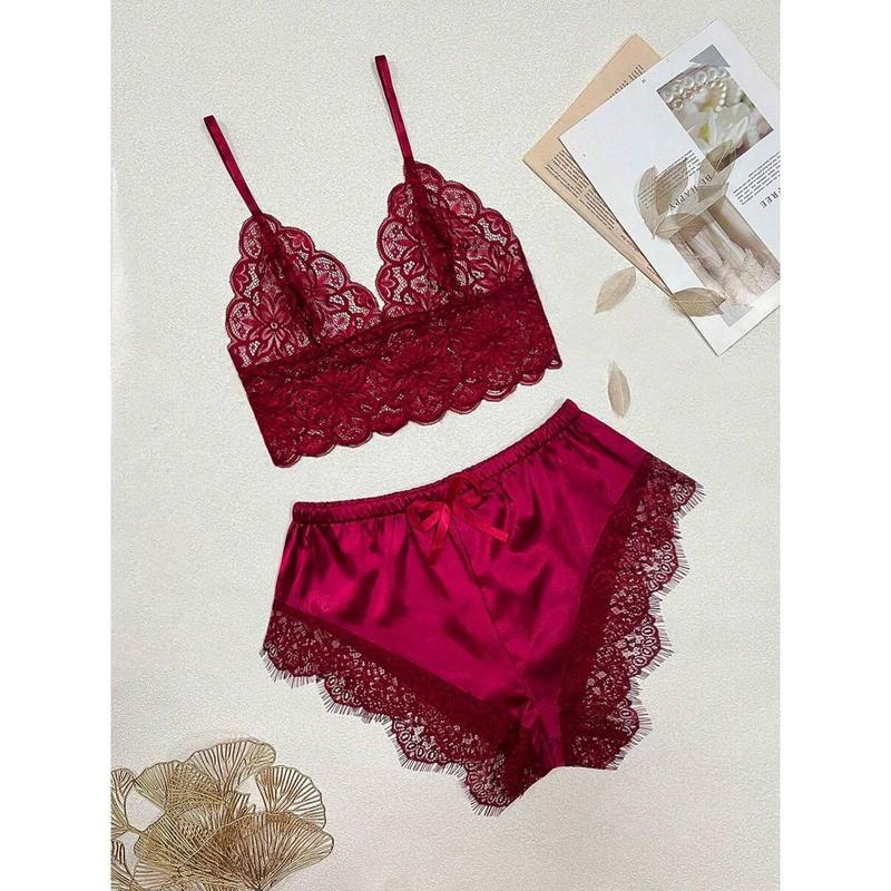 Contrast Lace Satin Bra & Boyshorts Lingerie Set Piece Womenswear Pink French Elegant Basic