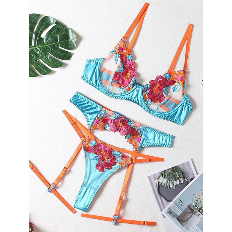 Women Sexy Floral Embroidery Mesh Lingerie Set (Random Pattern) Tops Piece Bra Fabric Polyester Womenswear Panty Sheer