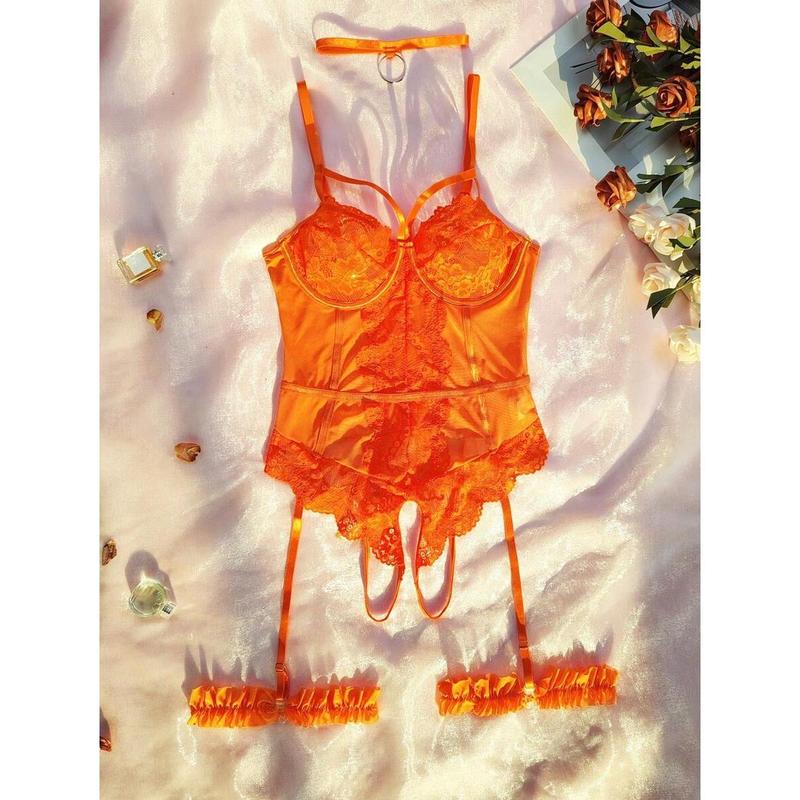 4pcs/Set Sexy Women's Lace Mesh Bodysuits With Underwire [Jumpsuit+Neck Choker+2 Leg Garters] Bra Fabric Lingerie Polyester Womenswear Panty