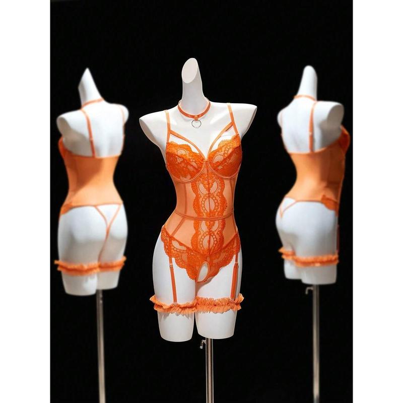 4pcs/Set Sexy Women's Lace Mesh Bodysuits With Underwire [Jumpsuit+Neck Choker+2 Leg Garters] Bra Fabric Lingerie Polyester Womenswear Panty