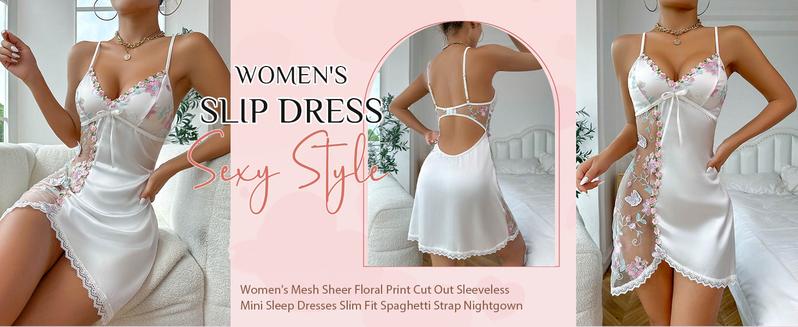 Women's Floral Mesh Embroidery Lace Trim Chemise Wedding Nightwear Satin Slip Dress Babydoll Nightgown,Soft Cut Out Backless Honeymoon  Gift