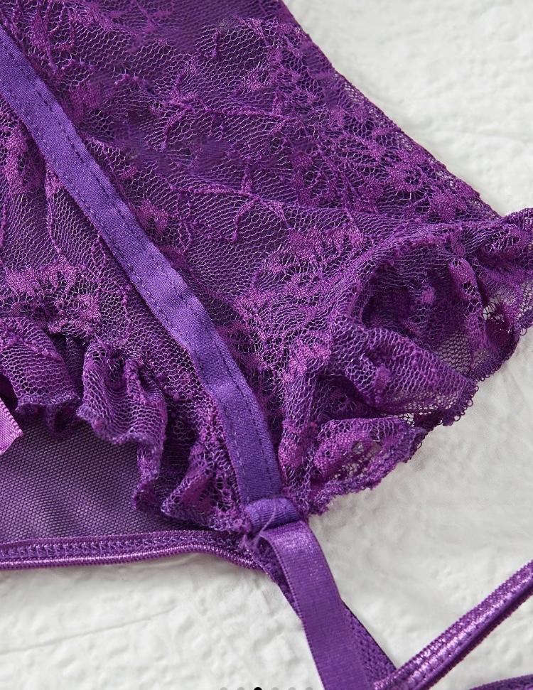 Women's Adjustable Strap Backless Lace Lingerie Set, Tie Front Cami Top & Sheer Thong $ Ruffle Stocking Set, Lingerie for Women, Underwear for Women, Back To School Wear, Women's Lingerie & Underwear for Summer, Underwear Sets for Women