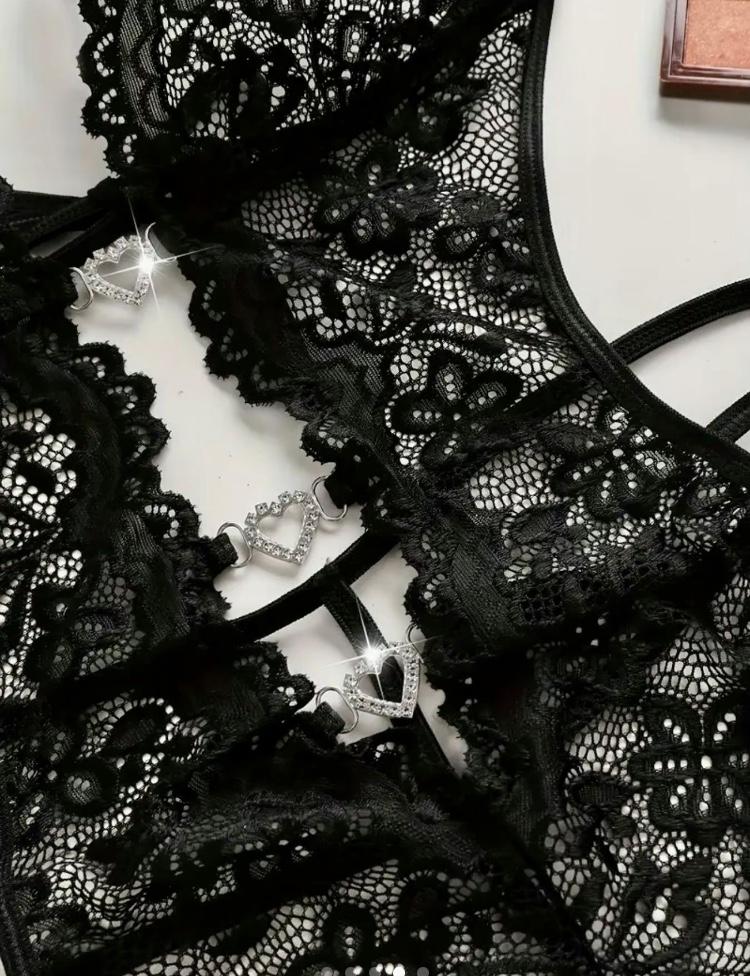 Ugreat Women's Floral Lace Rhinestone Ring Linked Sheer Teddy Bodysuit, Sexy fashion Contrast Lace Tie Backless Bodysuit for Daily Wear, Women's Lingerie for All Reasons Black Fabric