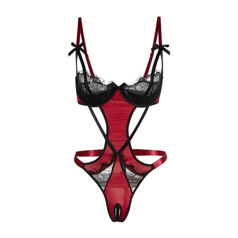 Women's Adjustable Lace Bodysuit and Thong Set Breathable Mesh Contoured Fit Casual Straps Womenswear Cosplay