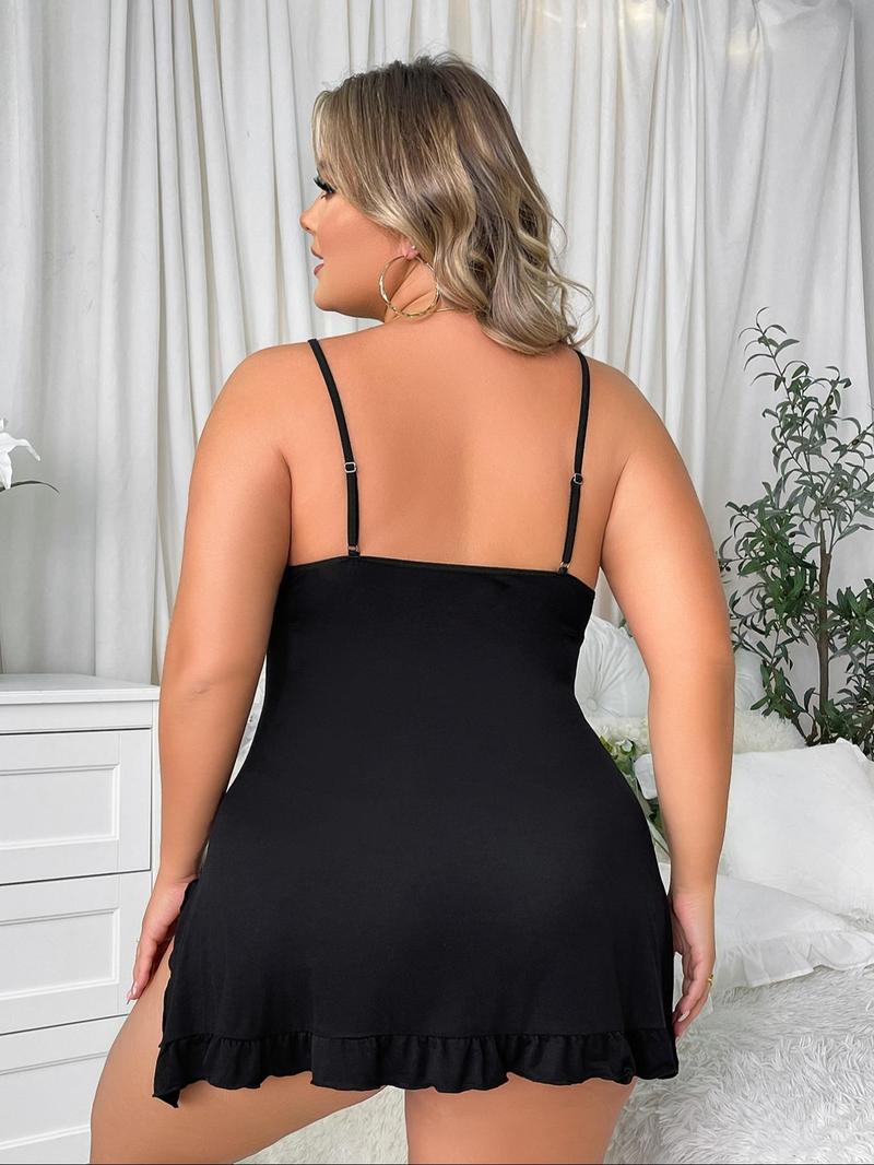 【Plus Size】 Contrast Lace Bow Decor Cami Nightdress, Elegant Ruffle Hem Split Thigh Nightgown, Women's Sleepwear for All Seasons