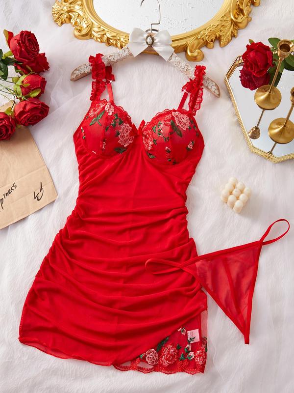 Women's Floral Embroidery Sexy Cami Nightdress & Thong Sexy Lingerie Set, Chic Nighty Dress & Panty Two-piece Set, Ladies Summer Sleepwear