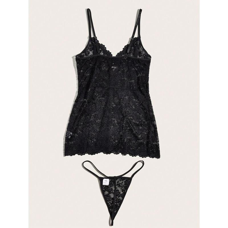 Plus Floral Lace Slips With Thong Plus Size Lace Babydoll Lingerie Womenswear Piece night  gown  women sexy nightgown Black Comfort Shaping Bodysuit Sculpting Bodysuit Polyester Fabric