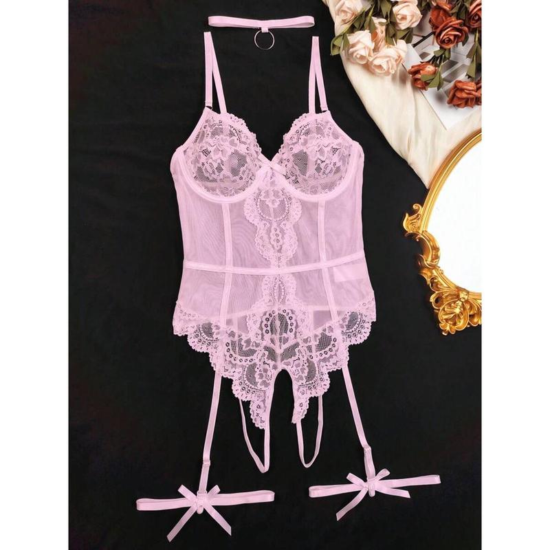 4pcs Set Lace Contrast Mesh Lingerie With Underwire And Leg Garter Piece Sleeve Polyester Womenswear Fabric Sheer