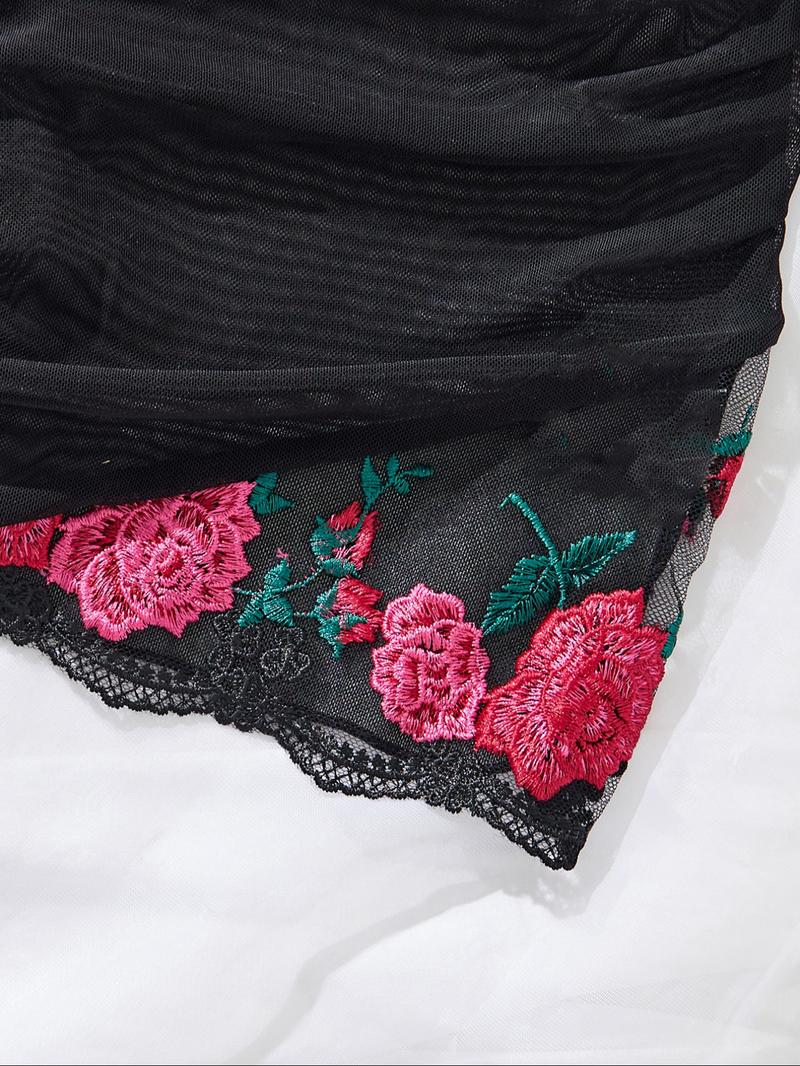 Women's Floral Embroidery Sexy Cami Nightdress & Thong Sexy Lingerie Set, Chic Nighty Dress & Panty Two-piece Set, Ladies Summer Sleepwear