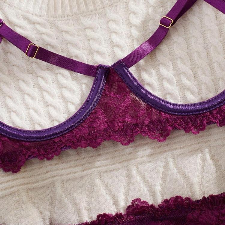 Ugreat Women's Floral Lace Sexy Lingerie Set, Sexy Cut Out Underwire Bra & Open Crotch Design Thong Two-Piece Set, Lingerie Set for Women, 2000s Wear Pink Straps