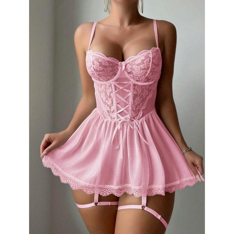 3pcs Contrast Lace Mesh Underwire Garter Lingerie Dress bikini boutique go nnaw ear it now Fabric Polyester Womenswear Bra Loungewear Pants