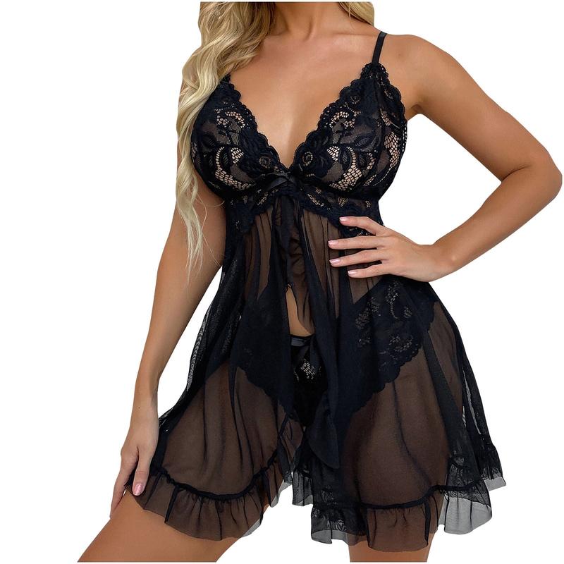 Women's Sheer Mesh Floral Lace Chemise Nightgown Babydoll Nightwear Dress Sexy V-Neck Camisole Dress Sleepwear Nightdress Matching Elegant Polyester Fabric Loungewear Skirt F Bridal airy Comfy Womenswear Basic Minimalist Purple