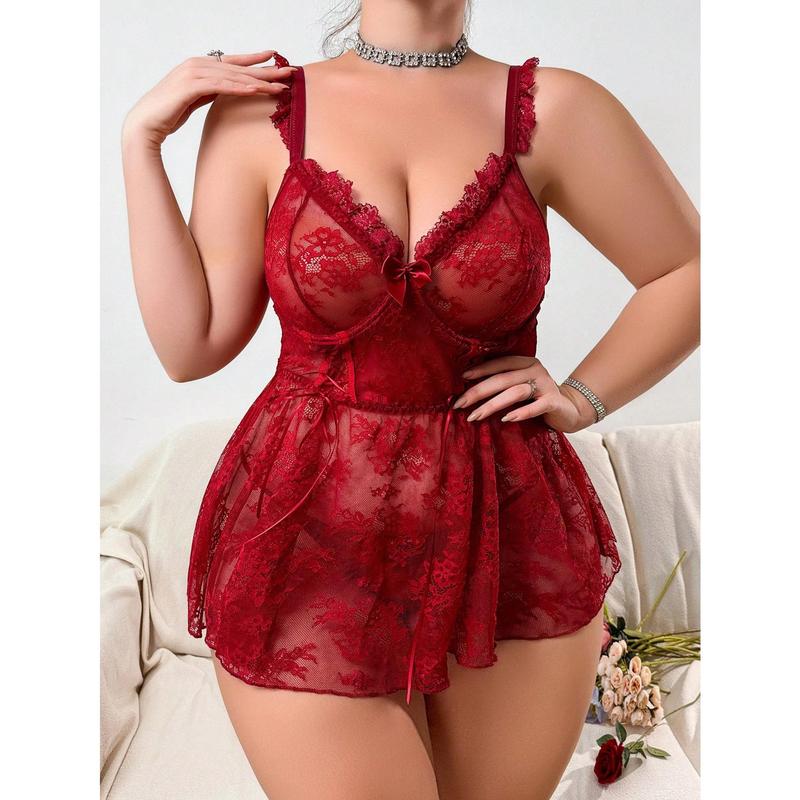 Plus Size Blue 2-Piece Sexy Lace Lingerie Set with Underwire and Thong for Nightwear