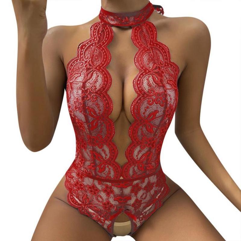 Women's Sexy Red Lace Open-End Jumpsuit – Seductive Sleepwear | Sultry Intimate Wear, Vibrant Red Lace Design, Perfect for Alluring Nights & Themed Occasions like Halloween, Combining Style with Seductive Appeal Fabric Floral
