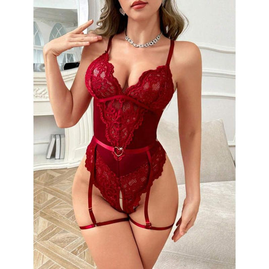 Classic Sexy 2pcs Women Lace Patchwork Jumpsuit (Strapless/Garter Belt) Lingerie Sheer Womenswear Bodysuits