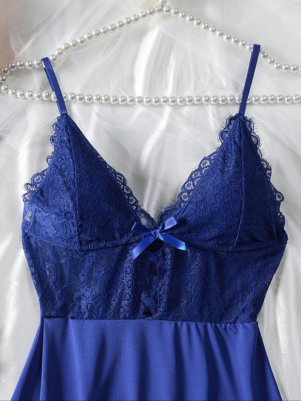 Women's Plain Contrast Lace Bow Decor Cut Out Cami Nightdress, Sexy Elegant Backless Deep V Neck Adjustable Strap Slip Nightgown for Daily Wear, Ladies Sleepwear & Homewear for All Seasons