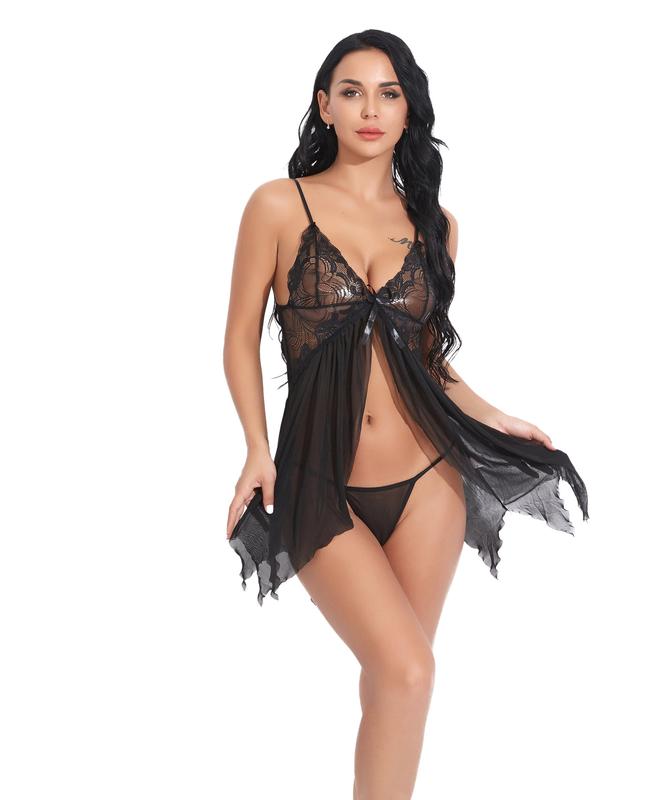 Ugreat Women Plus Size Lingerie Babydoll Dress Lace Chemise Sleepwear Mesh Nightgown with Thong V Floral Sexy night gown women Soft Womenswear