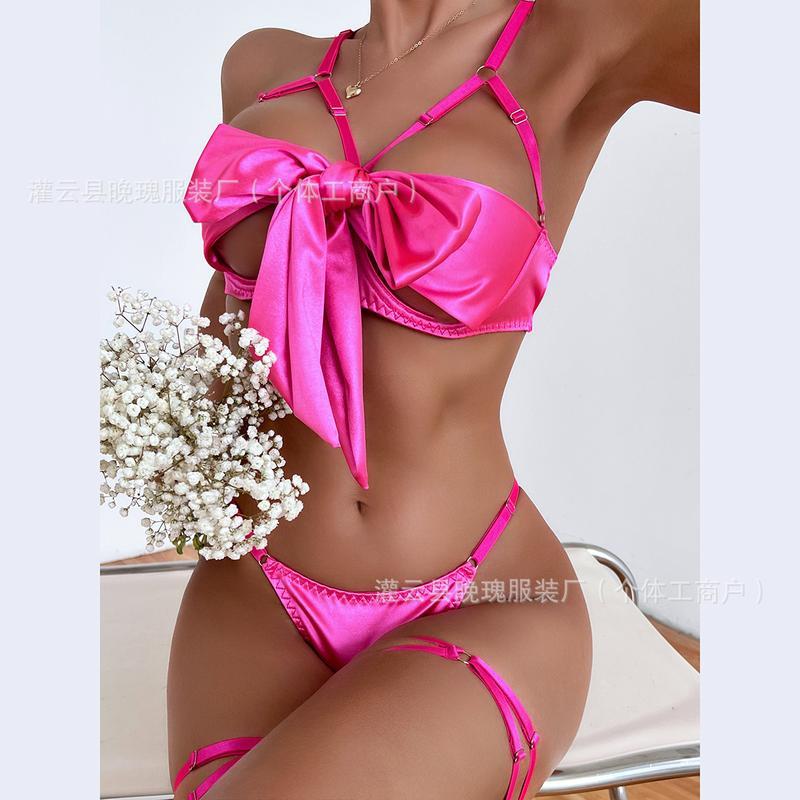 Women’s Sexy Red Bow Hollow Three-Piece Lingerie Set Womenswear Bridal