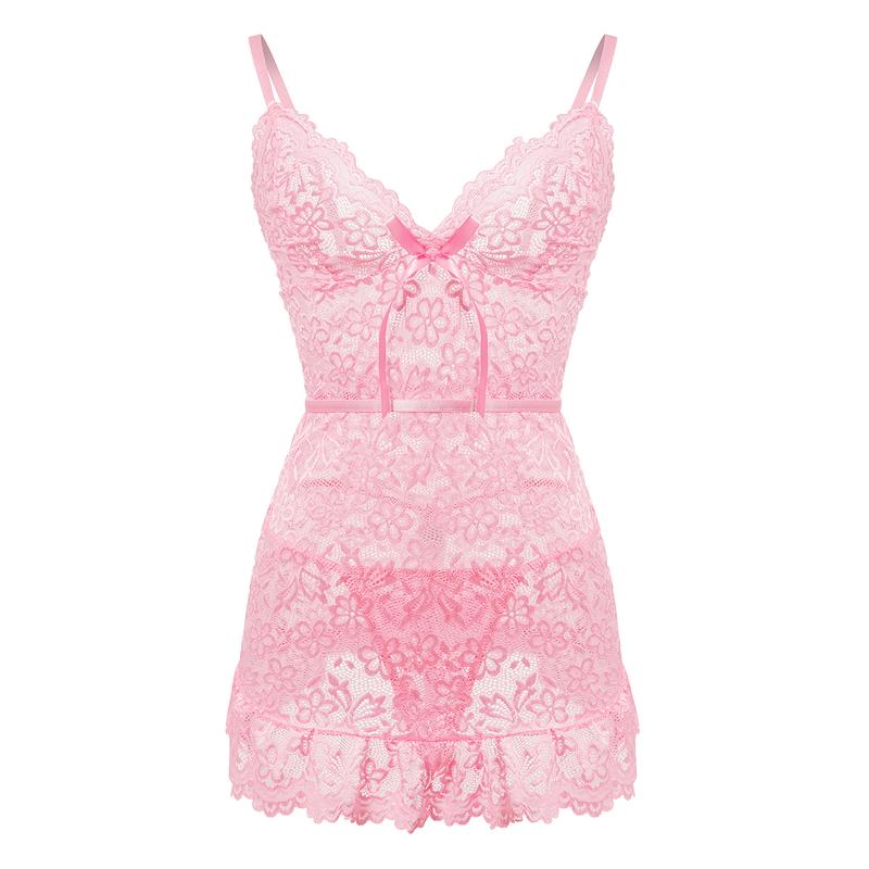 Women's 2 Piece Floral Lace Lingerie Set Night Dress Sleewear,Ruffle Hem Sheer Babydoll Chemise Nightgown,Comfort Springtok Sleeveless Loungewear